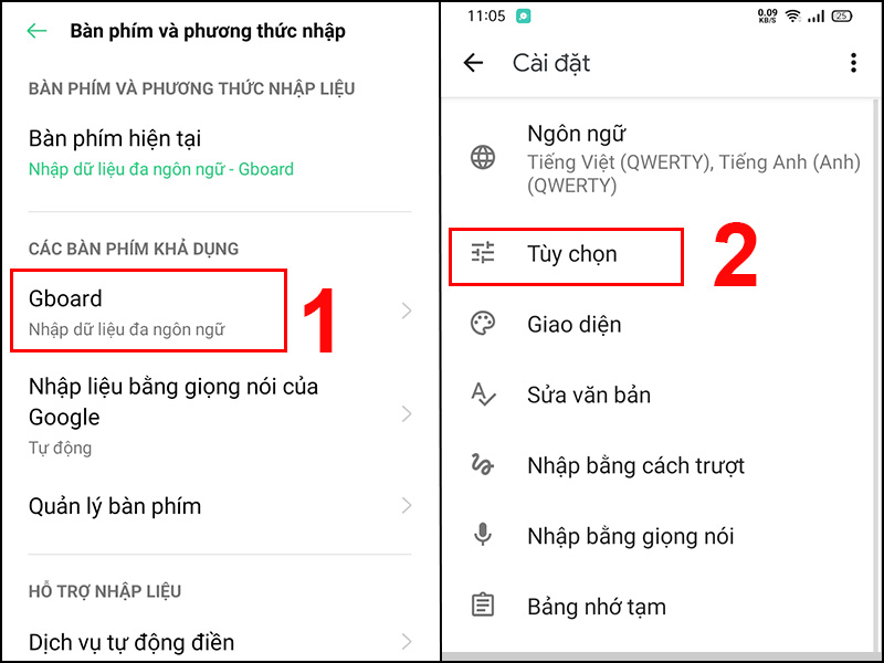 Chọn Gboard rồi chọn Tùy chọn